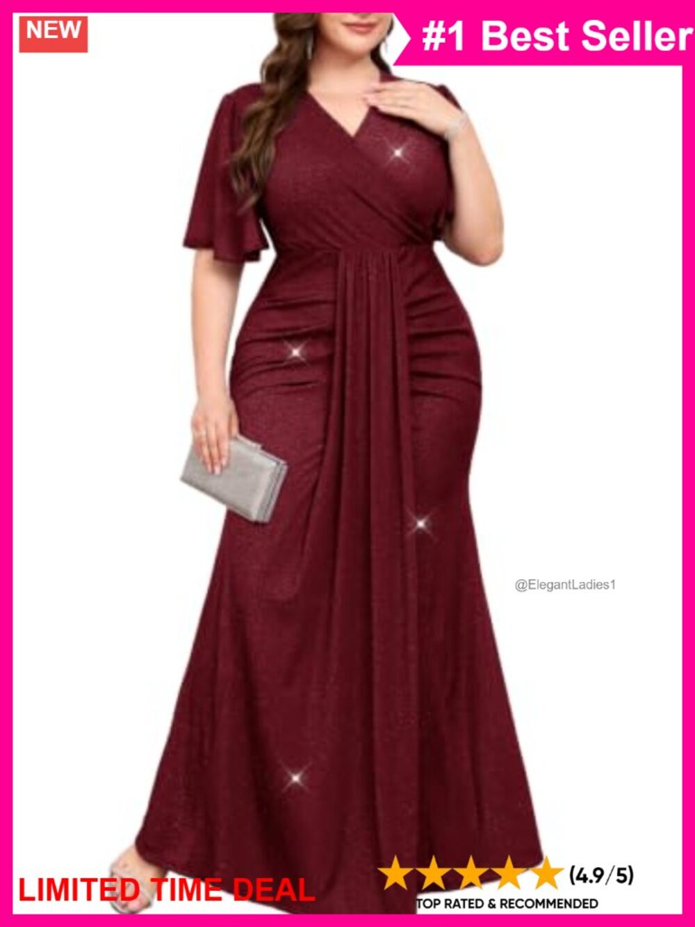 Plus Size Sparkly V Neck Ruffle Sleeve Mermaid Maxi Formal Evening Dress